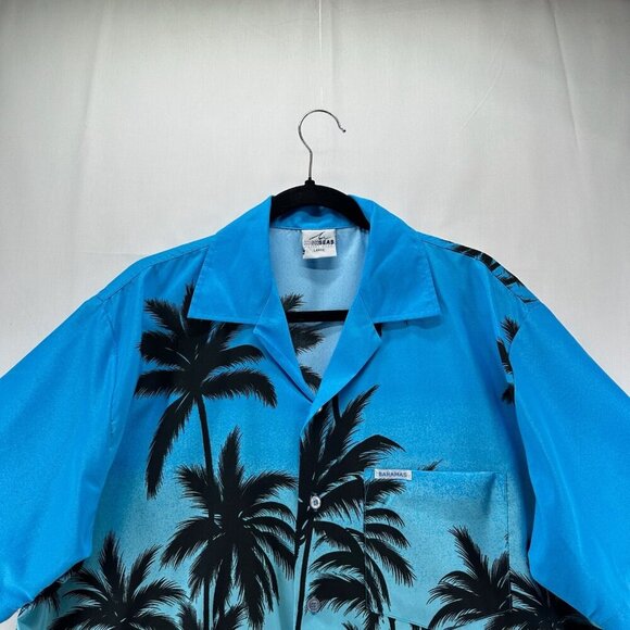 HIGHSEAS Resort Wear Hawaiian Shirt Mens L Bahamas Palm Tree Short Sleeves Blue - Picture 3 of 11